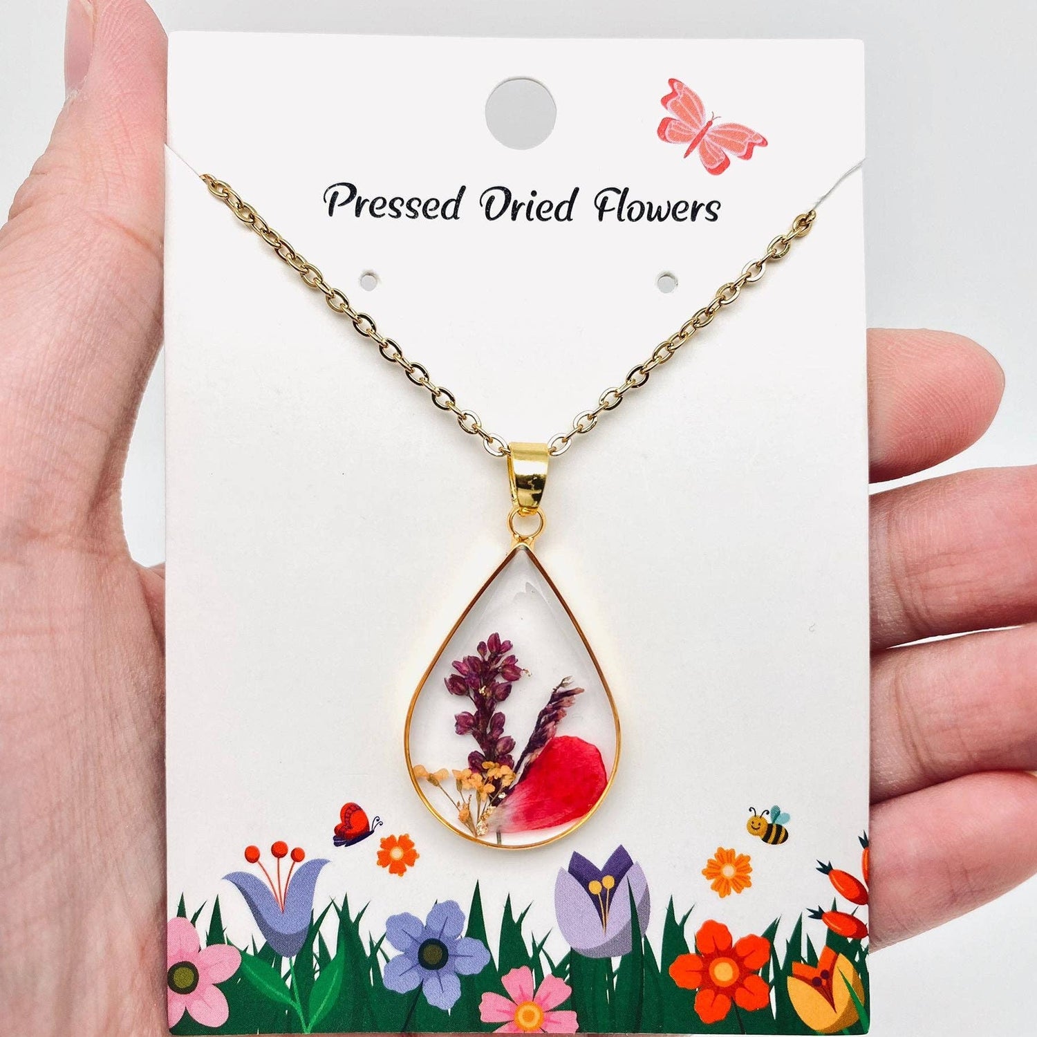 Genuine Pressed Dried Flower Floral Gold Teardrop Charm Necklace