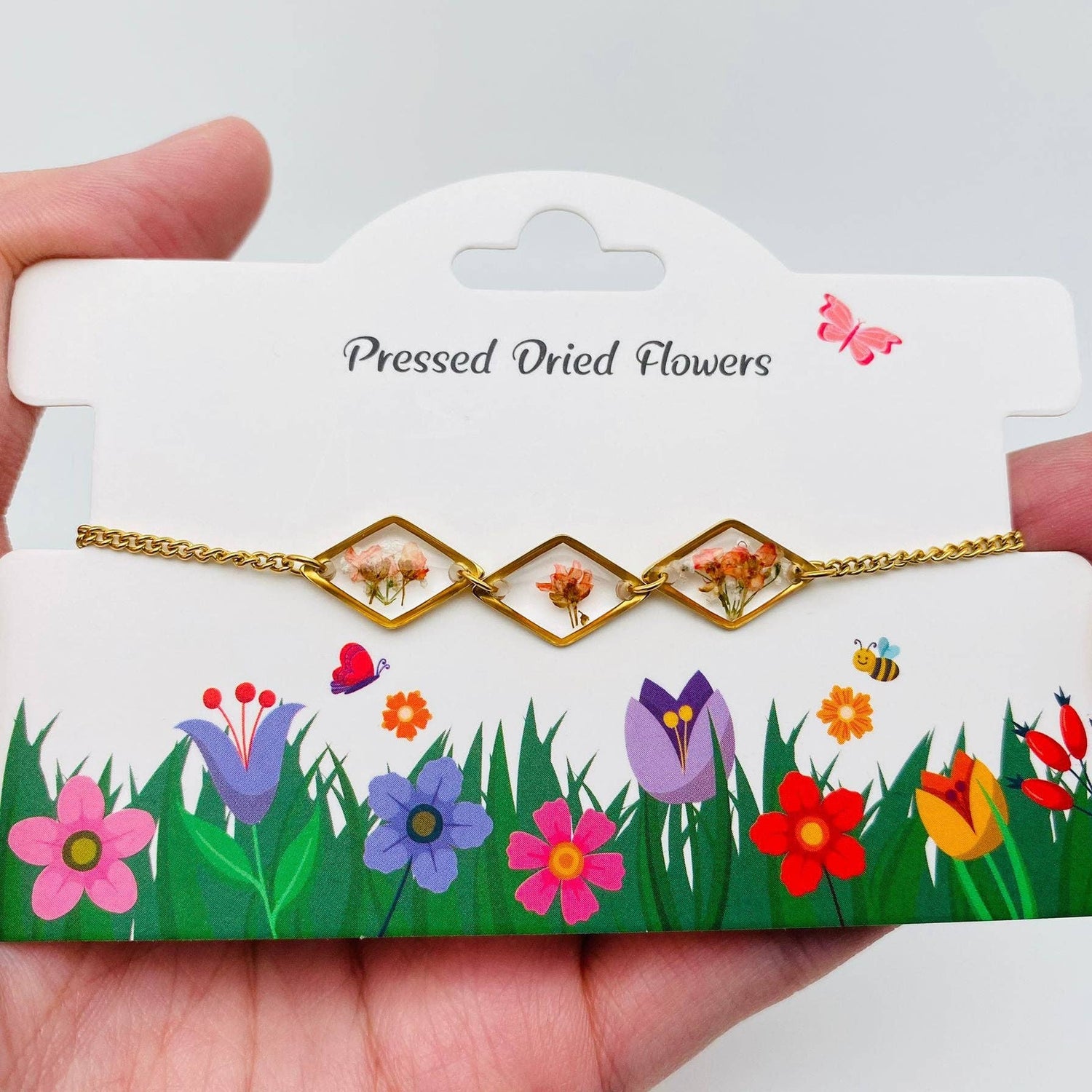 Floral Geometric Charm Bracelet with Real Dried Flowers