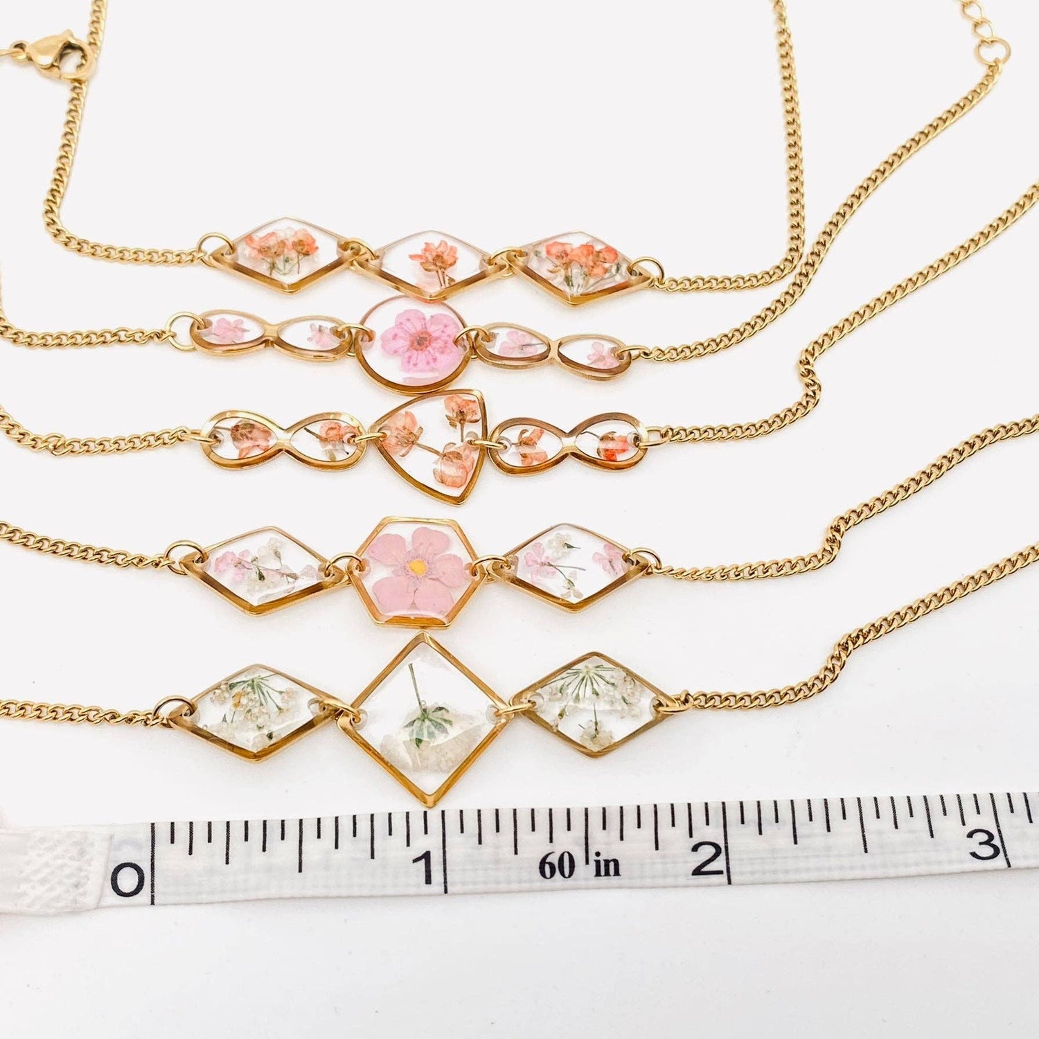 Floral Geometric Charm Bracelet with Real Dried Flowers