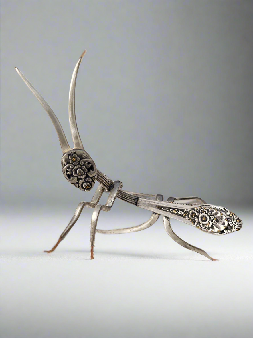 Praying Mantis Handcrafted from Vintage Silverware | Salvaged Silver