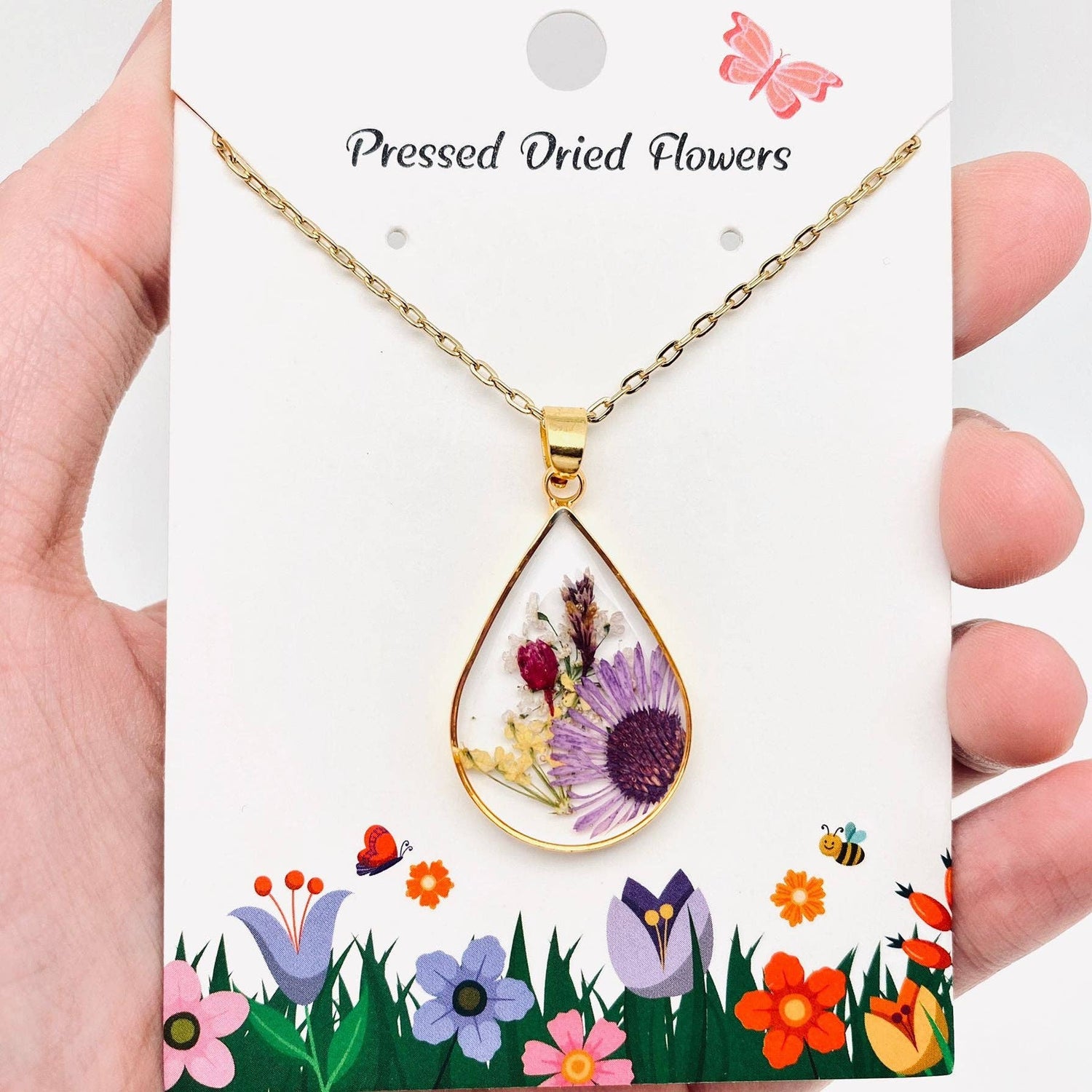 Genuine Pressed Dried Flower Floral Gold Teardrop Charm Necklace