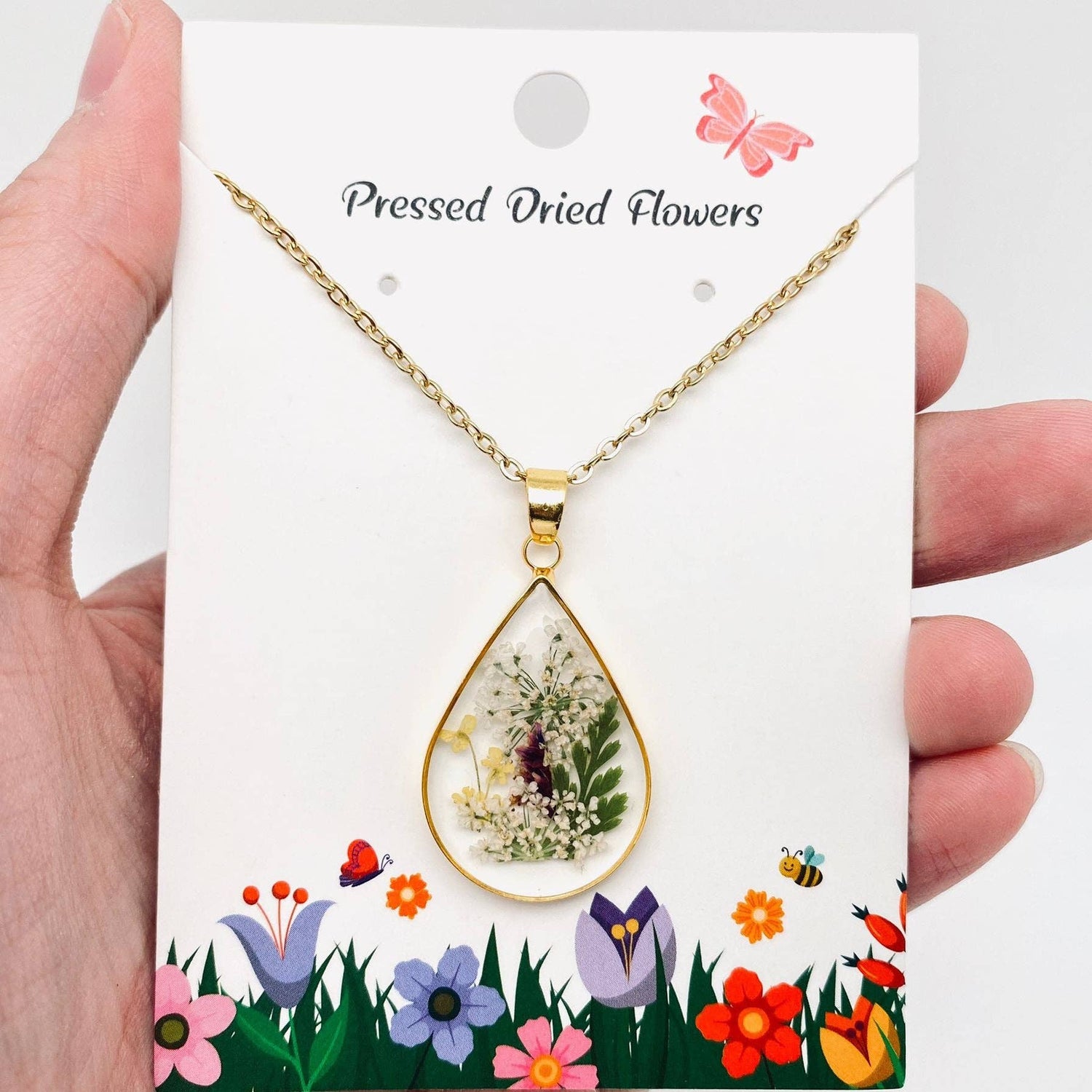 Genuine Pressed Dried Flower Floral Gold Teardrop Charm Necklace