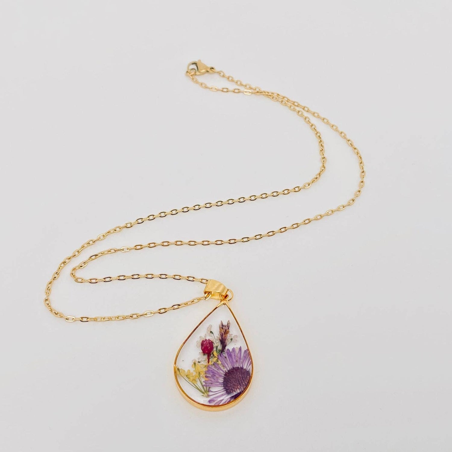 Genuine Pressed Dried Flower Floral Gold Teardrop Charm Necklace