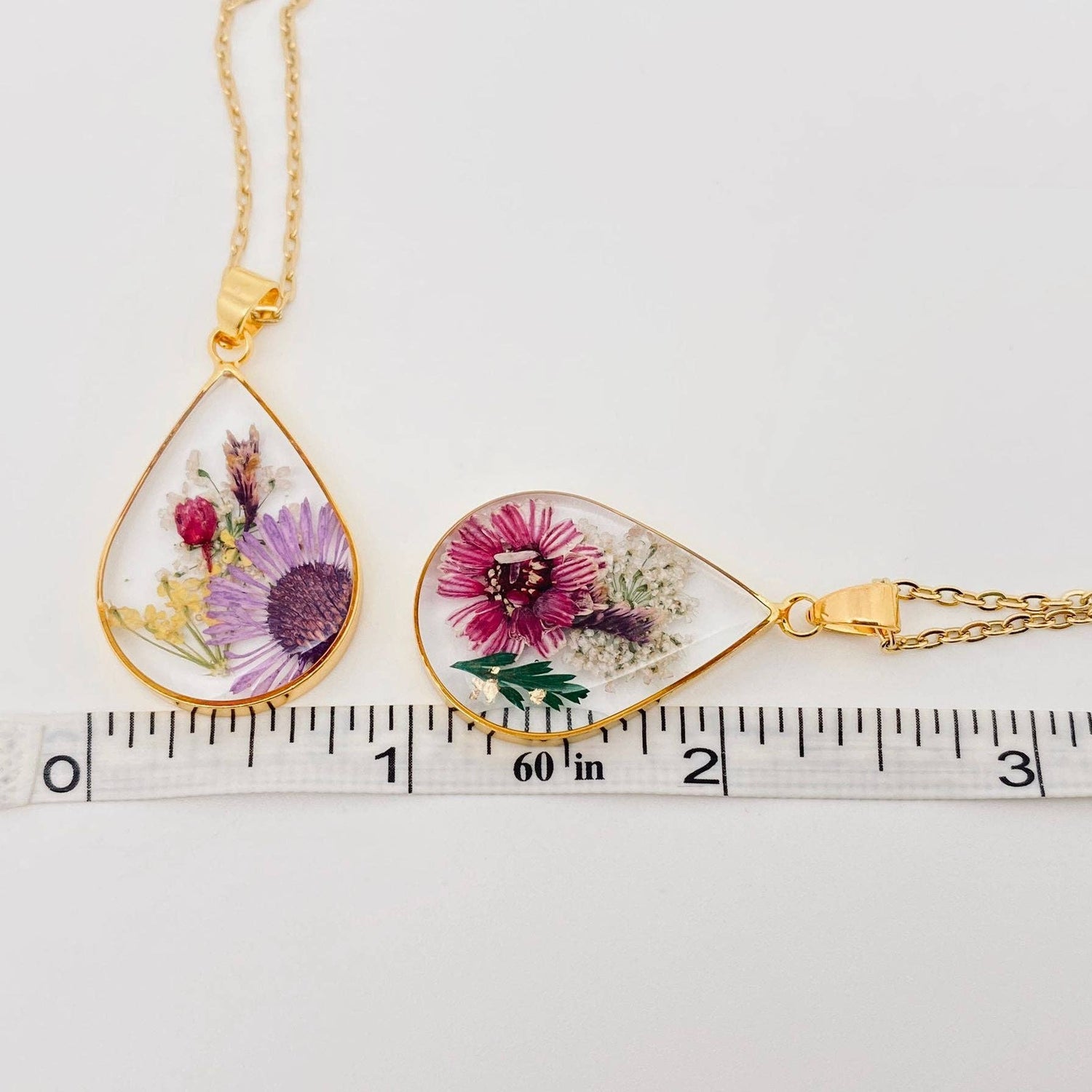 Genuine Pressed Dried Flower Floral Gold Teardrop Charm Necklace