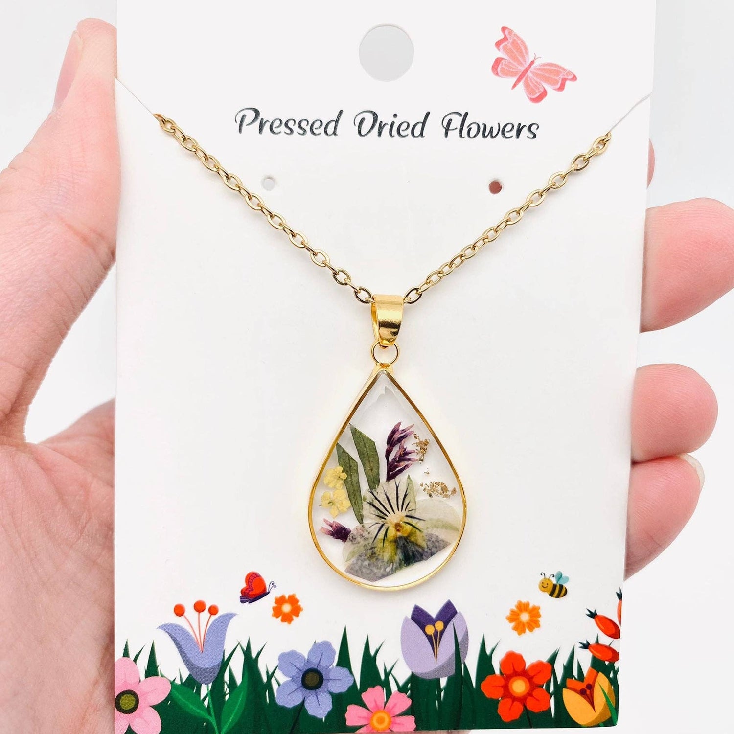 Genuine Pressed Dried Flower Floral Gold Teardrop Charm Necklace