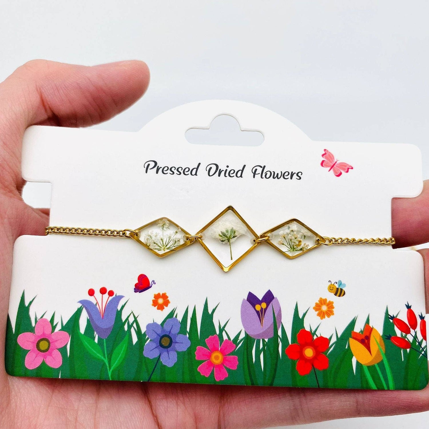 Floral Geometric Charm Bracelet with Real Dried Flowers