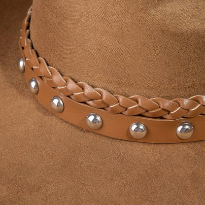 Braided And Studded Strap Suede Cowboy Hat
