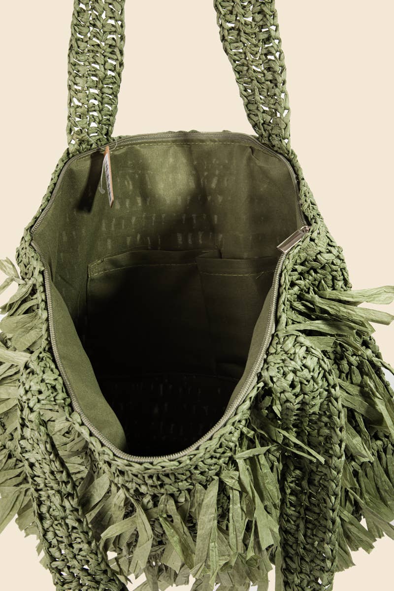 Straw Braided Raffia Fringe Tote Bag