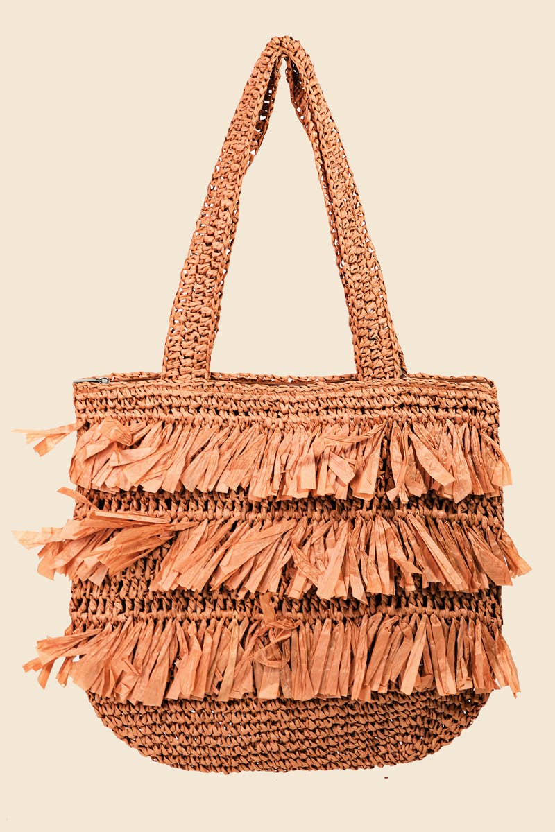 Straw Braided Raffia Fringe Tote Bag