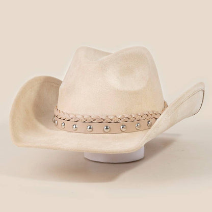 Braided And Studded Strap Suede Cowboy Hat