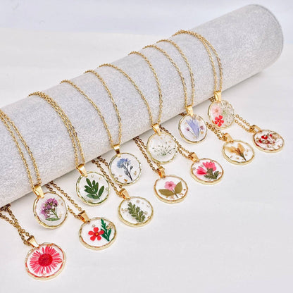 Botanical Bloom Round Pendant Real Pressed Flower Resin Necklace