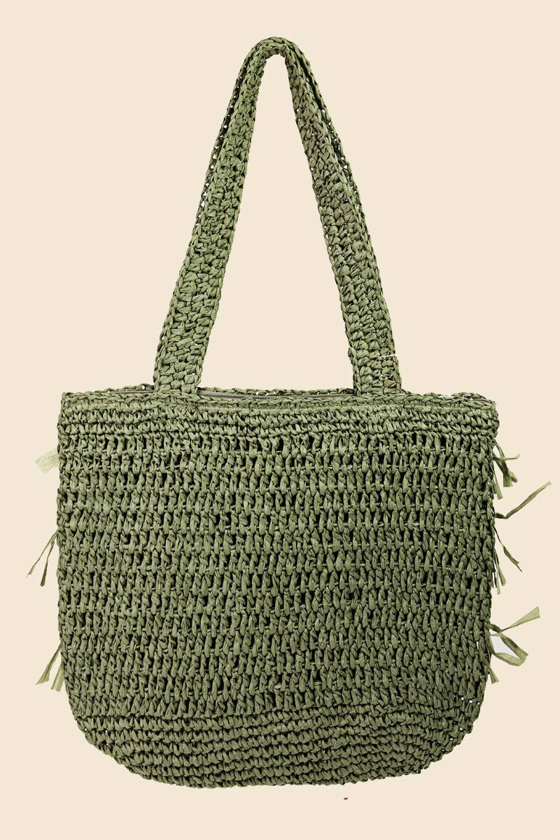 Straw Braided Raffia Fringe Tote Bag