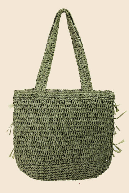 Straw Braided Raffia Fringe Tote Bag