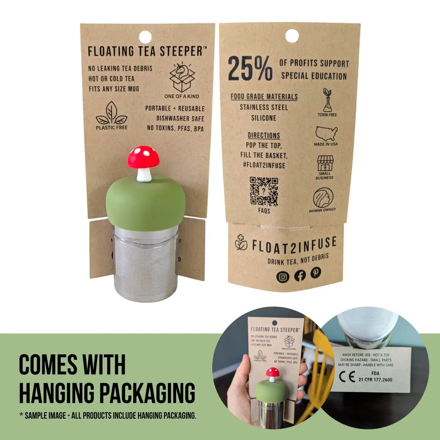 Float2infuse Tea Infuser - Mushroom | Floating Tea Steeper | Grey Base | Red