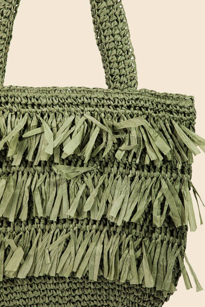 Straw Braided Raffia Fringe Tote Bag