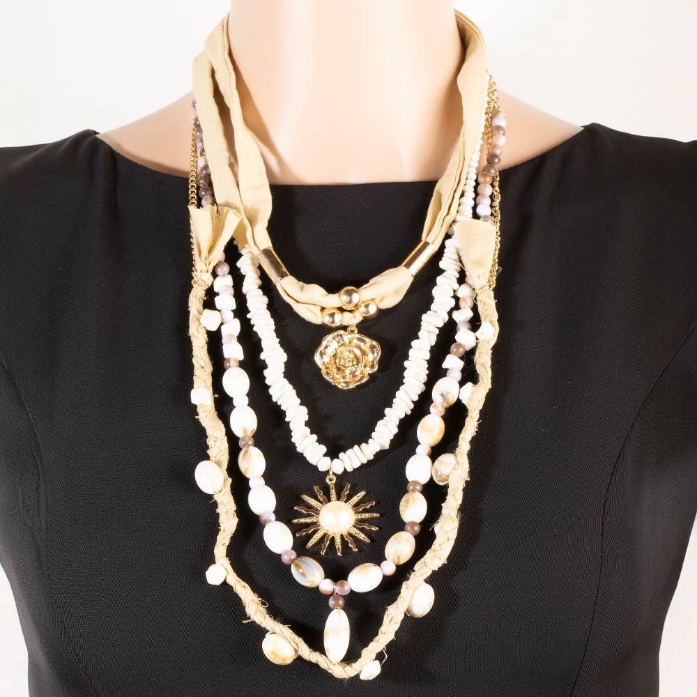Boho Layered Fabric Chain and Beads Necklace
