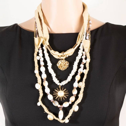 Boho Layered Fabric Chain and Beads Necklace