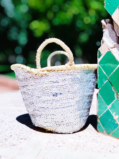 Twins Basket - Handwoven Straw Tote Basket – Gold Sequin Embellished