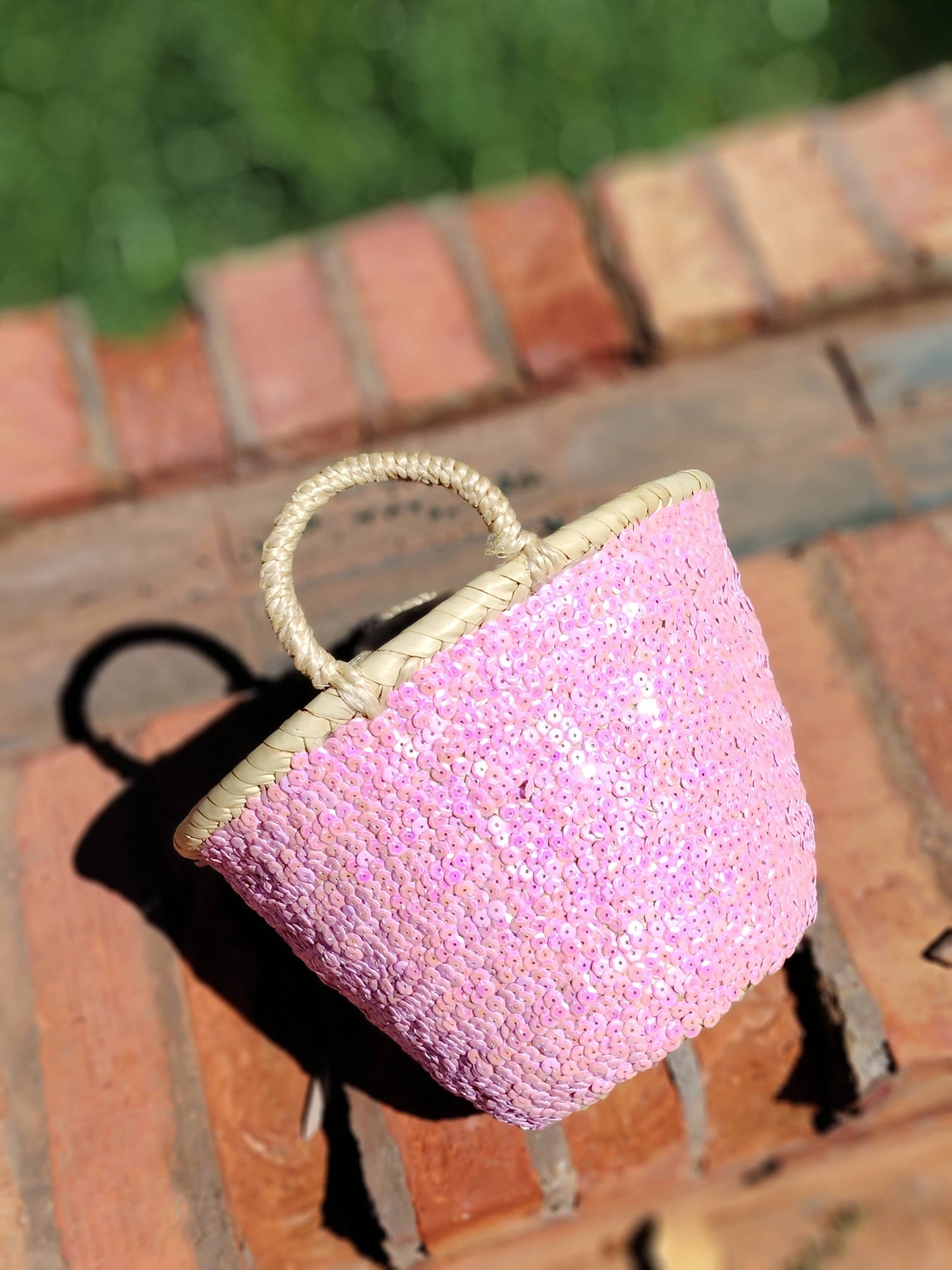 Twins Basket - Handwoven Straw Tote Basket – Gold Sequin Embellished