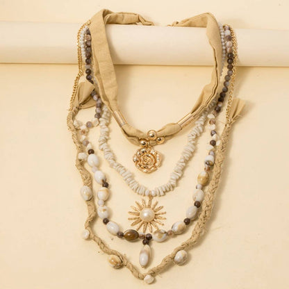 Boho Layered Fabric Chain and Beads Necklace