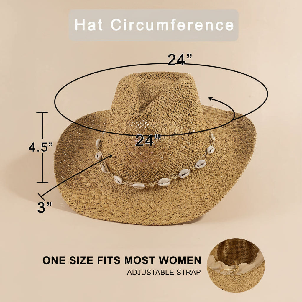 Cowrie Shell Band Cowboy Hat featuring woven paper straw texture and coastal boho western style. Lightweight, breathable, and perfect for beach days or festivals.