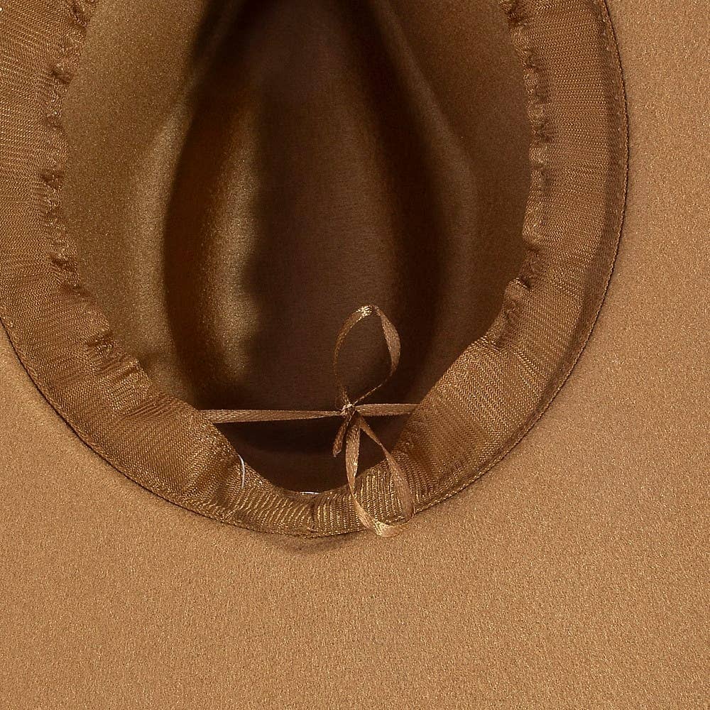 Flat brim fedora hat with herringbone chain detail and structured silhouette. A chic modern accessory perfect for elevated everyday, boho, and western-inspired style.