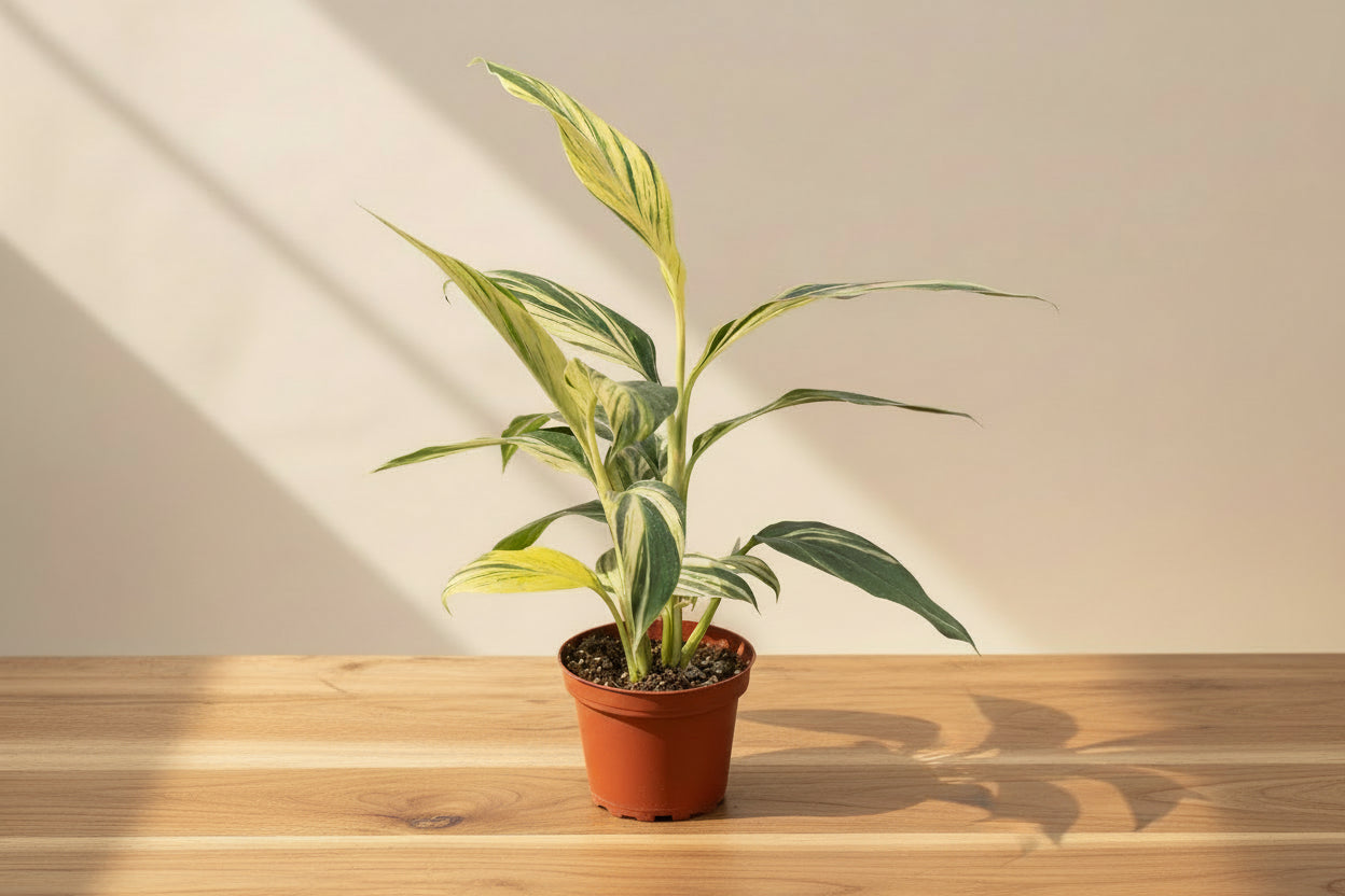 Alpinia zerumbet ‘Variegata’ produces elegant shell-like white flowers with pink and yellow accents, adding rare tropical beauty to mature plants.