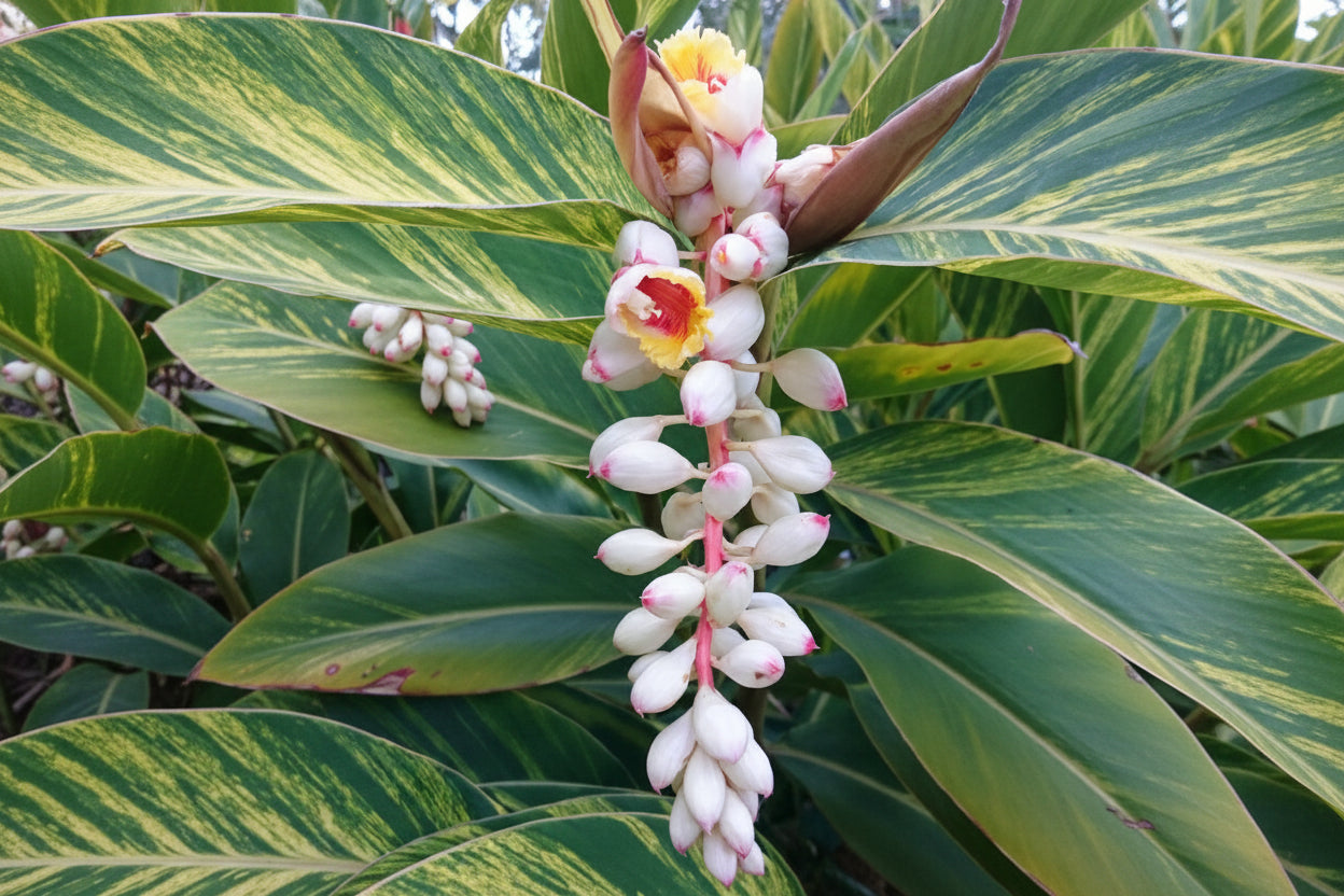 Alpinia zerumbet ‘Variegata’ produces elegant shell-like white flowers with pink and yellow accents, adding rare tropical beauty to mature plants.