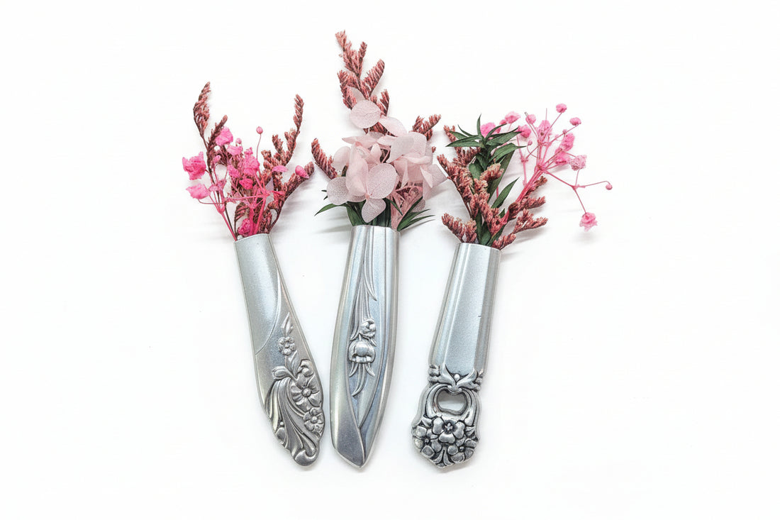 Antique silverware magnetic bud vase that sticks to fridges and metal surfaces. Holds water, one-of-a-kind vintage gift decor.