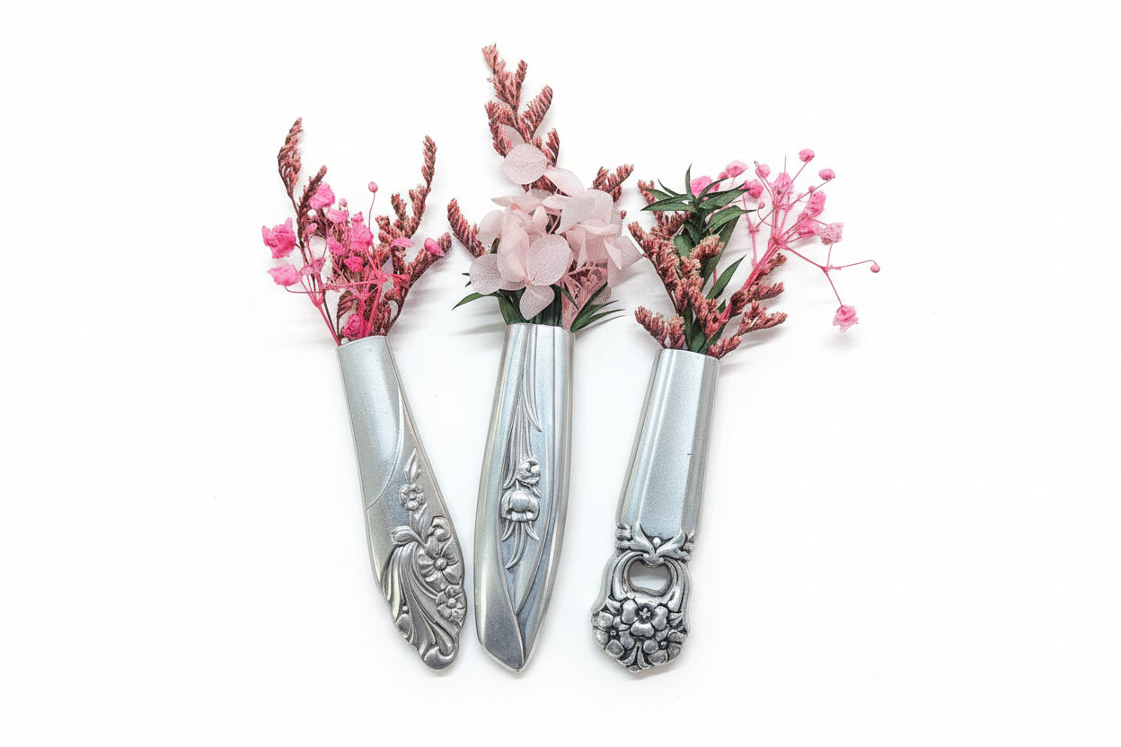 Antique silverware magnetic bud vase that sticks to fridges and metal surfaces. Holds water, one-of-a-kind vintage gift decor.