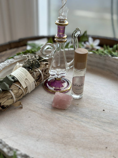 Aphrodite Goddess Perfume Roller with moonstone, rose petals &amp; coconut oil. A sweet sugar scent that inspires love, beauty &amp; divine feminine energy.