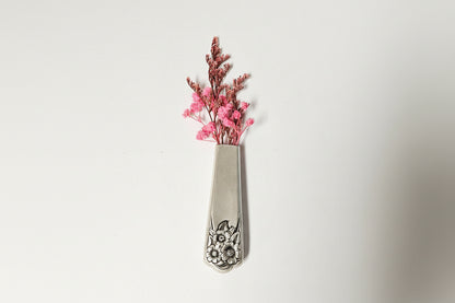Antique silverware magnetic bud vase that sticks to fridges and metal surfaces. Holds water, one-of-a-kind vintage gift decor.