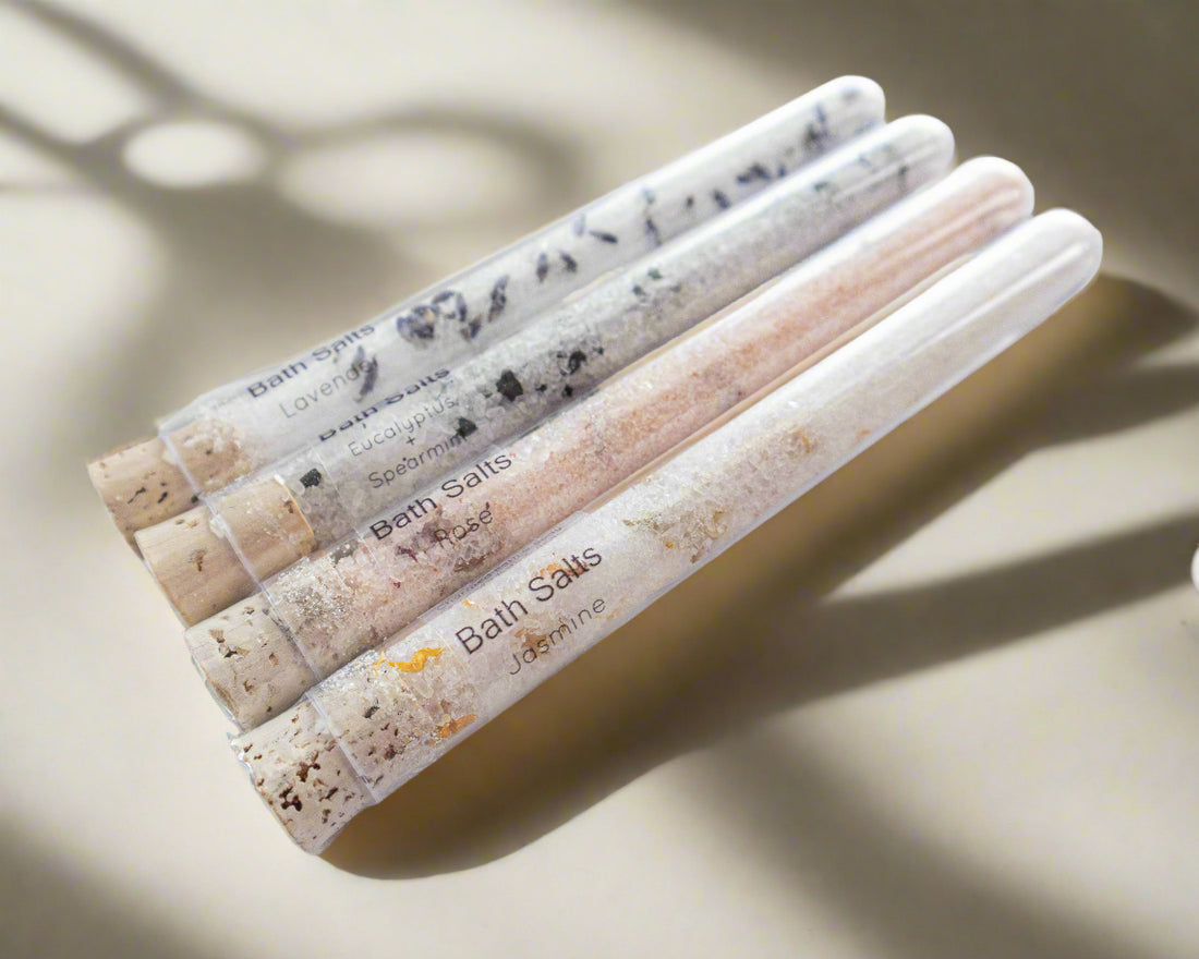 Little Luxe Soak bath salt tube. 22ml single-use soak in a sleek plastic tube. Handmade, aromatic, and skin-softening—perfect for gifts, travel, or self-care.