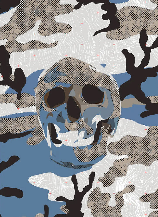 Skullmeleon (11&quot;x14&quot;, $30) is a striking art print featuring a skull blending into a camouflage background of abstract shapes in muted blue and beige. With themes of mortality and transformation, it adds a mysterious, modern edge to any space. Pair with a Pothos for a vibrant contrast to the neutral tones.