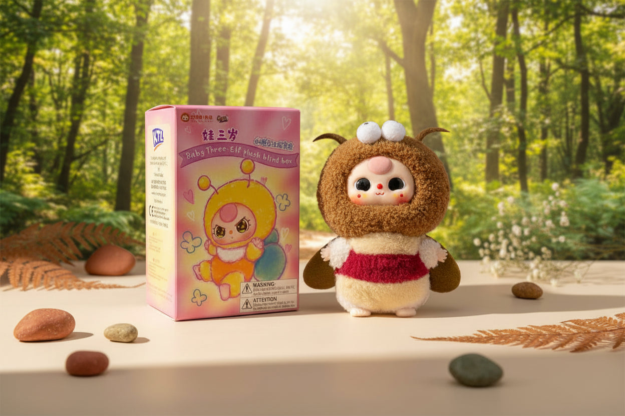 Baby Three Three-Year-Old Elf Blind Box plush featuring a mystery fairy-tale elf with soft fabric, pastel details, and collectible fantasy charm.