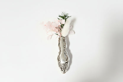 Antique silverware magnetic bud vase that sticks to fridges and metal surfaces. Holds water, one-of-a-kind vintage gift decor.