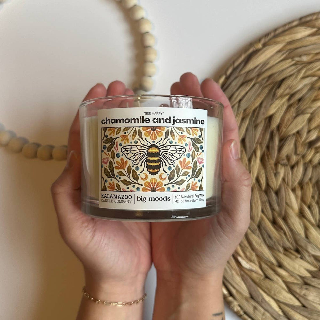 Bee Calm: A soothing soy candle with chamomile &amp; jasmine. Vegan, eco-friendly, hand-poured for 40–55 hours of tranquil, floral-inspired calm and wellness.