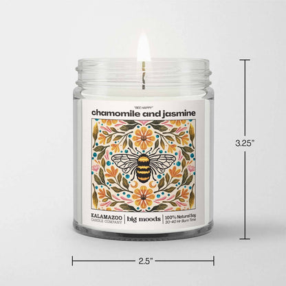 Bee Calm: A soothing soy candle with chamomile &amp; jasmine. Vegan, eco-friendly, hand-poured for 40–55 hours of tranquil, floral-inspired calm and wellness.