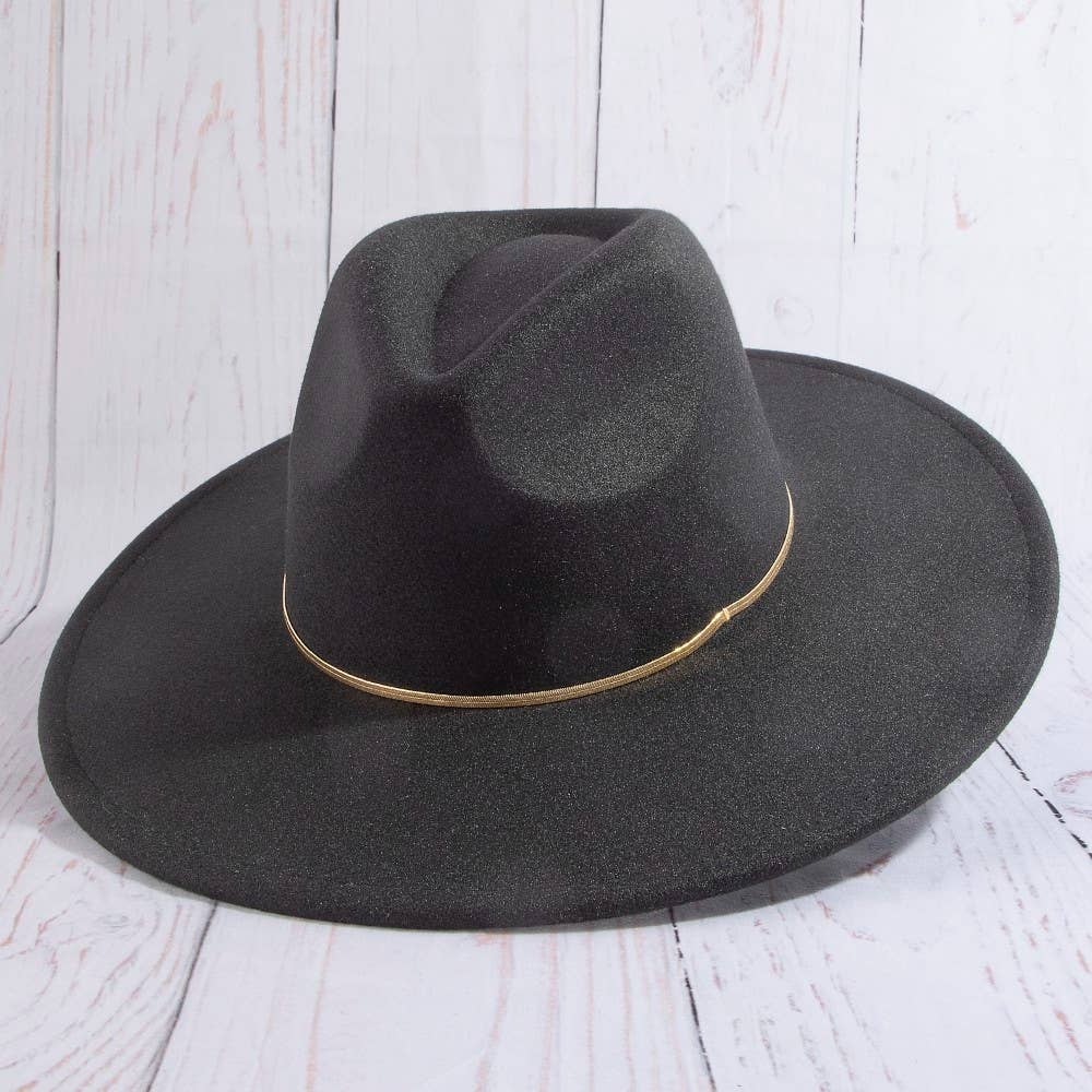 Flat brim fedora hat with herringbone chain detail and structured silhouette. A chic modern accessory perfect for elevated everyday, boho, and western-inspired style.