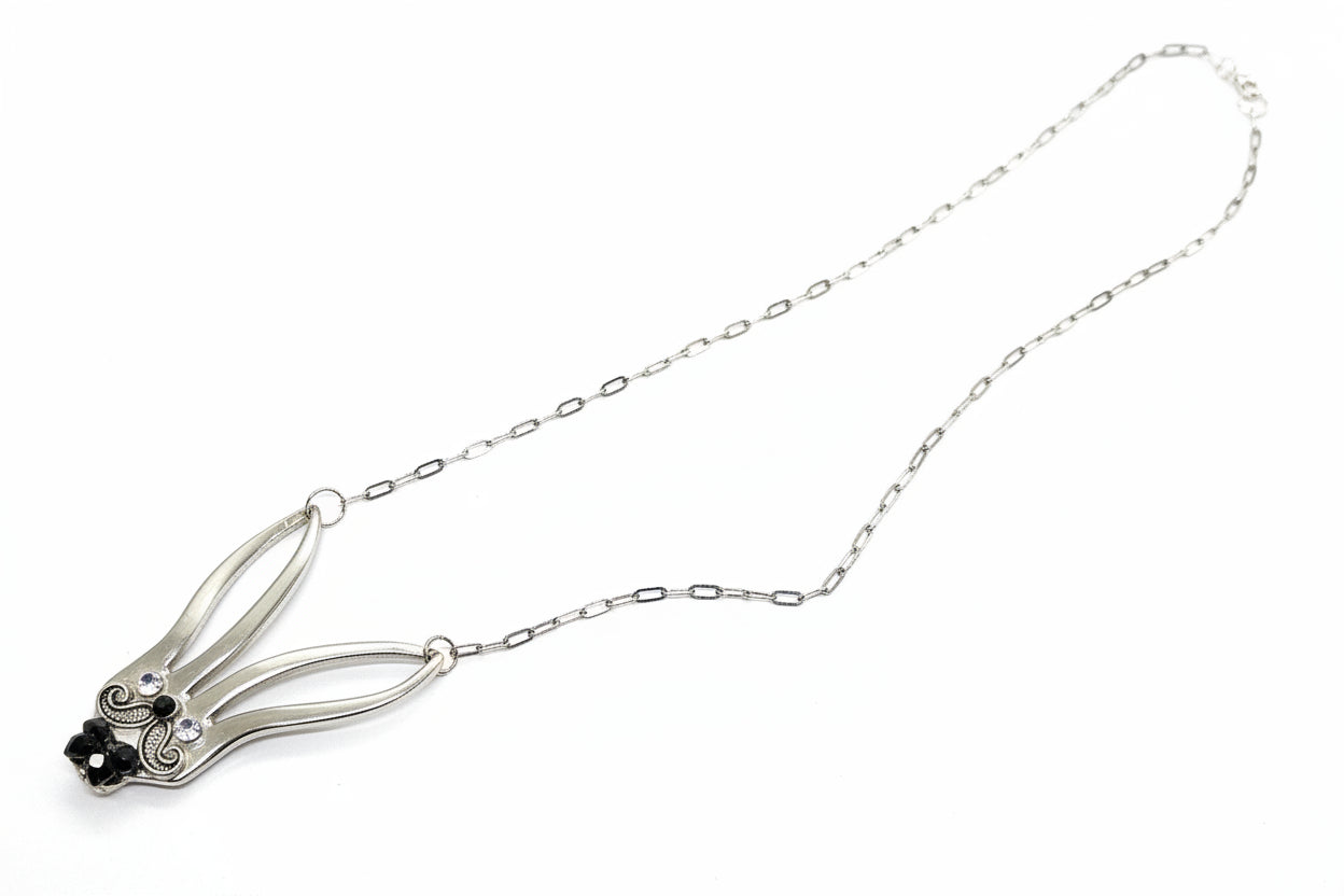 Whimsical fancy bunny pendant necklace handcrafted from vintage silverware, resin, and beads. One-of-a-kind Easter or everyday jewelry with vintage charm.