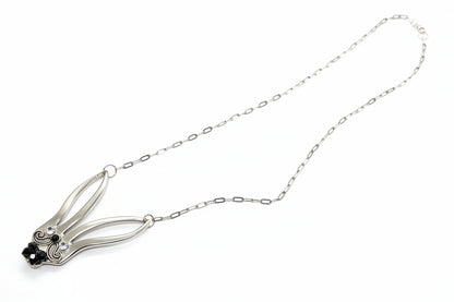 Whimsical fancy bunny pendant necklace handcrafted from vintage silverware, resin, and beads. One-of-a-kind Easter or everyday jewelry with vintage charm.