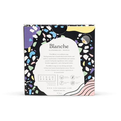 Blanche Terrazzo Soap—juicy watermelon &amp;amp; mango scent with sparkly mica. Vegan, handcrafted, moisturizing, and beautifully packaged for gifting or daily luxury.