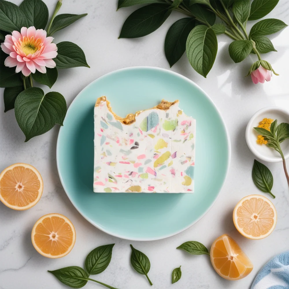 Blanche Terrazzo Soap—juicy watermelon &amp;amp; mango scent with sparkly mica. Vegan, handcrafted, moisturizing, and beautifully packaged for gifting or daily luxury.