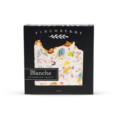 Blanche Terrazzo Soap—juicy watermelon &amp;amp; mango scent with sparkly mica. Vegan, handcrafted, moisturizing, and beautifully packaged for gifting or daily luxury.