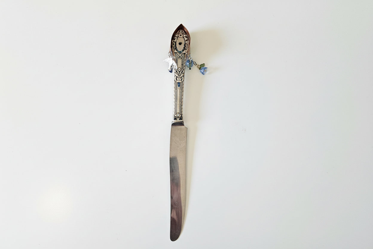 Handcrafted silverware birdhouse plant stake by KStonely. Upcycled, hand-painted, and beaded—whimsical cottagecore décor perfect for adding charm to any plant.