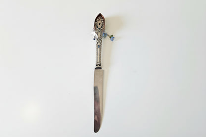 Handcrafted silverware birdhouse plant stake by KStonely. Upcycled, hand-painted, and beaded—whimsical cottagecore décor perfect for adding charm to any plant.