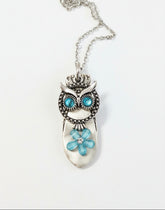 Handcrafted owl necklace made from vintage silverware. 1" pendant on 18" chain. Unique, upcycled jewelry with charm, symbolism, and timeless style.