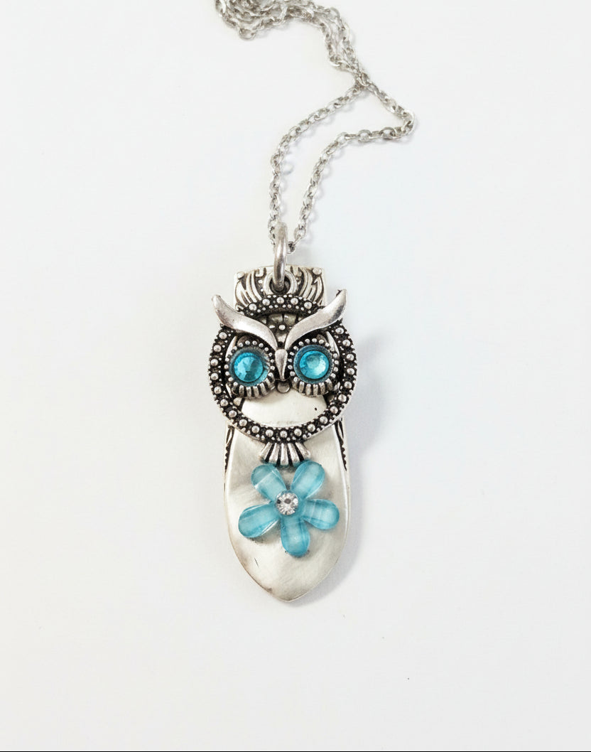 Handcrafted owl necklace made from vintage silverware. 1" pendant on 18" chain. Unique, upcycled jewelry with charm, symbolism, and timeless style.