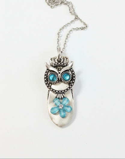 Handcrafted owl necklace made from vintage silverware. 1" pendant on 18" chain. Unique, upcycled jewelry with charm, symbolism, and timeless style.
