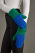 Blue and green color block knit mittens by Panache Apparel Co. Made from 100% acrylic with cozy fleece lining for warmth and colorful winter style.